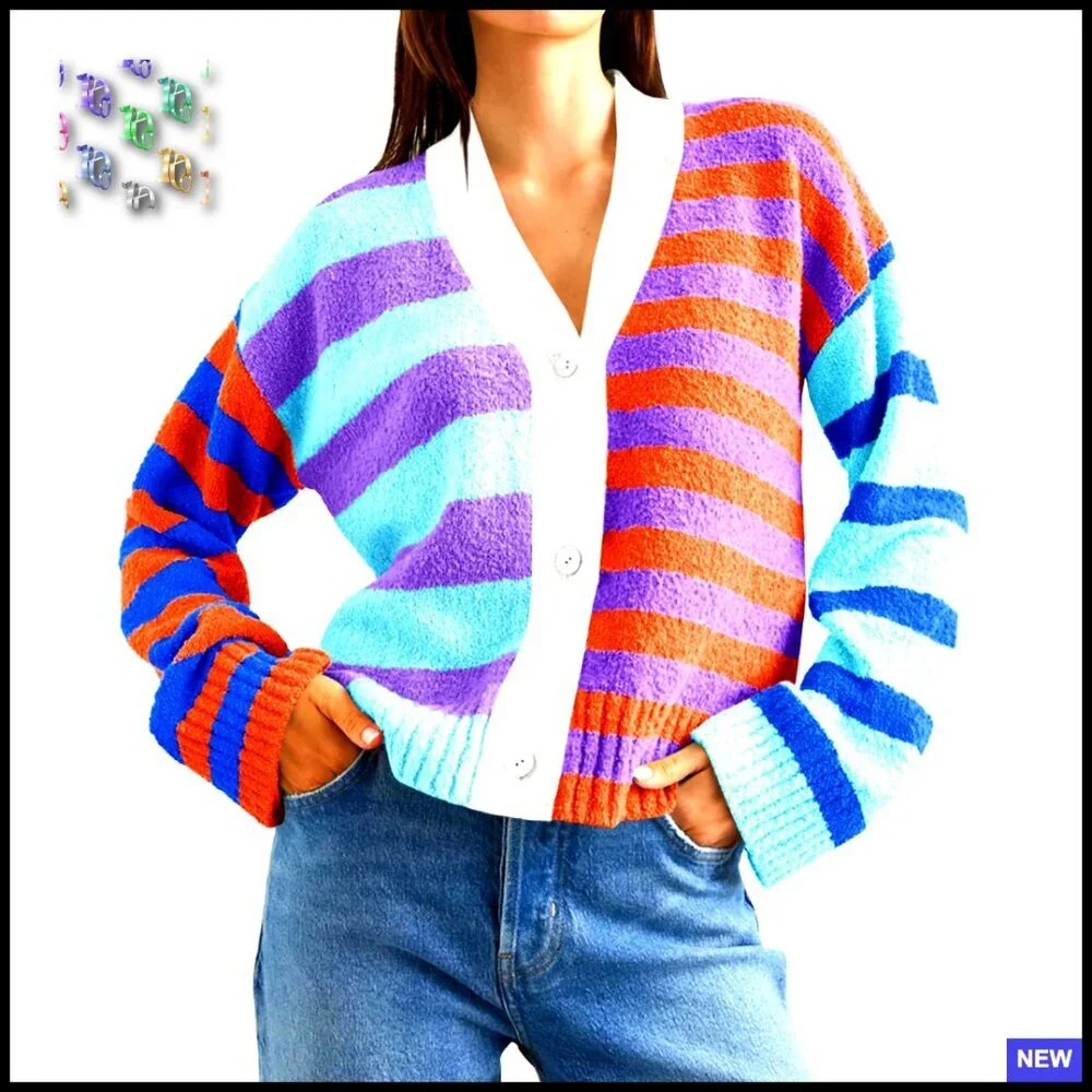 Striped V Neck Cardigan Oversized Fuzzy Knit Drop Shoulder Loose Fit